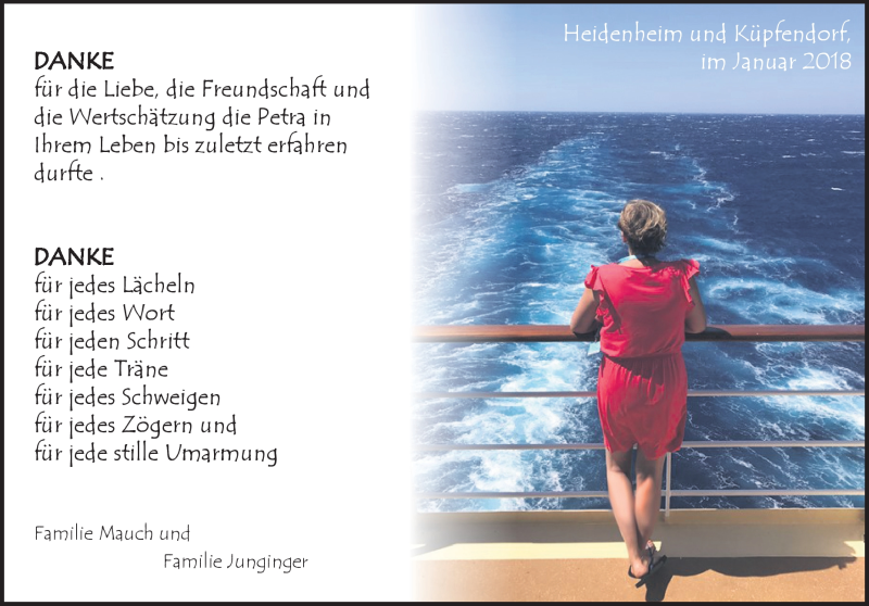  Traueranzeige für Petra Junginger vom 03.01.2018 aus Heidenheimer Zeitung