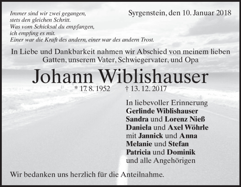  Traueranzeige für Johann Wiblishauser vom 10.01.2018 aus Heidenheimer Zeitung