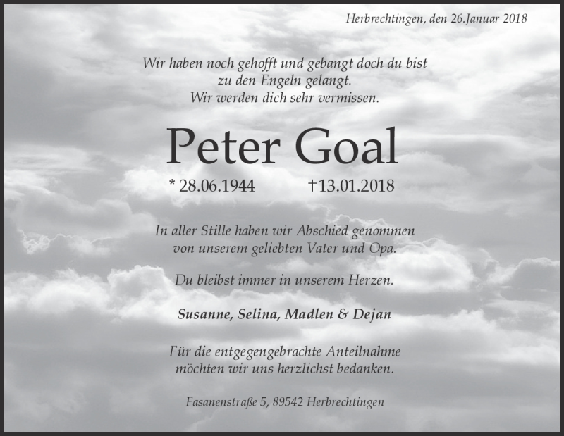  Traueranzeige für Peter Goal vom 26.01.2018 aus Heidenheimer Zeitung