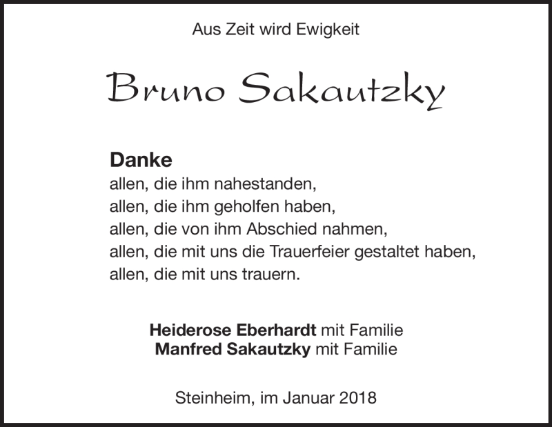  Traueranzeige für Bruno Sakautzky vom 20.01.2018 aus Heidenheimer Zeitung