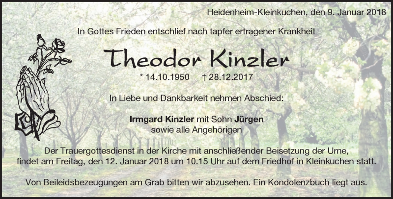  Traueranzeige für Theodor Kinzler vom 09.01.2018 aus Heidenheimer Zeitung