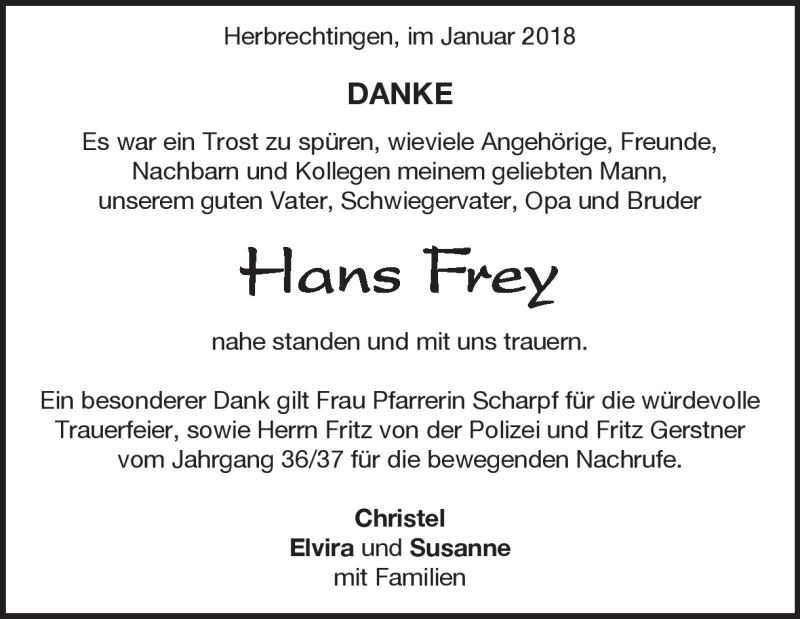  Traueranzeige für Hans Frey vom 13.01.2018 aus Heidenheimer Zeitung