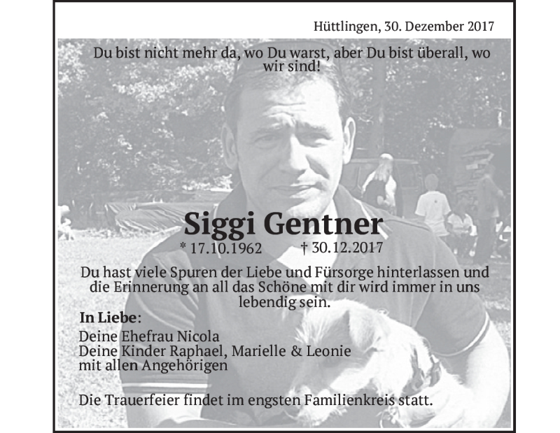  Traueranzeige für Siggi Gentner vom 03.01.2018 aus Heidenheimer Zeitung