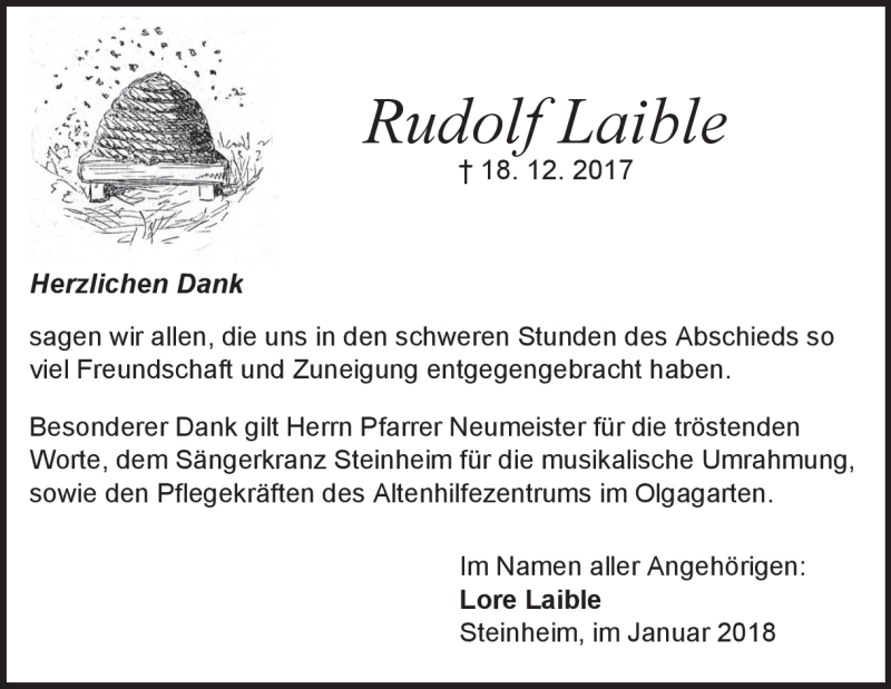  Traueranzeige für Rudolf Laible vom 18.01.2018 aus Heidenheimer Zeitung
