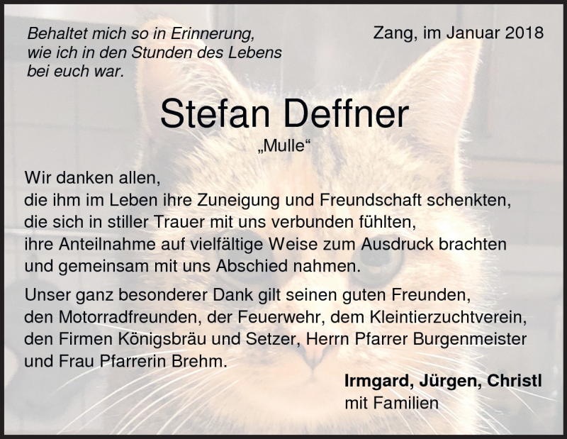  Traueranzeige für Stefan Deffner vom 11.01.2018 aus Heidenheimer Zeitung