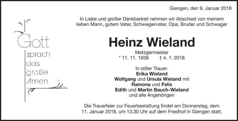 Traueranzeige für Heinz Wieland vom 09.01.2018 aus Heidenheimer Zeitung