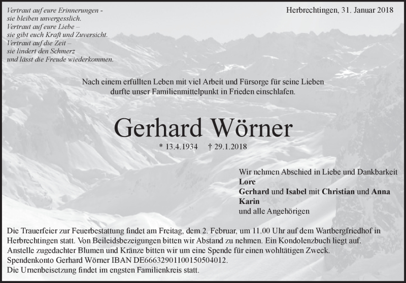 Traueranzeige für Gerhard Wörner vom 31.01.2018 aus Heidenheimer Zeitung