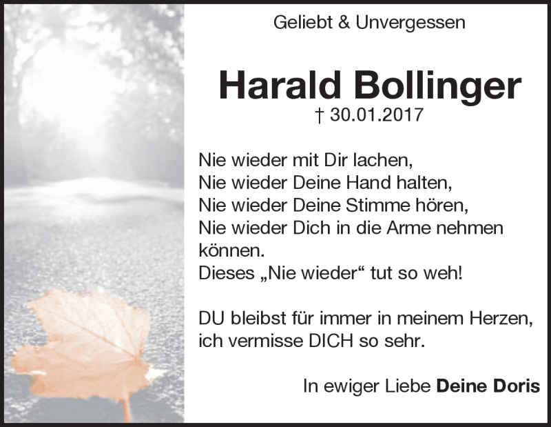  Traueranzeige für Harald Bollinger vom 30.01.2018 aus Heidenheimer Zeitung