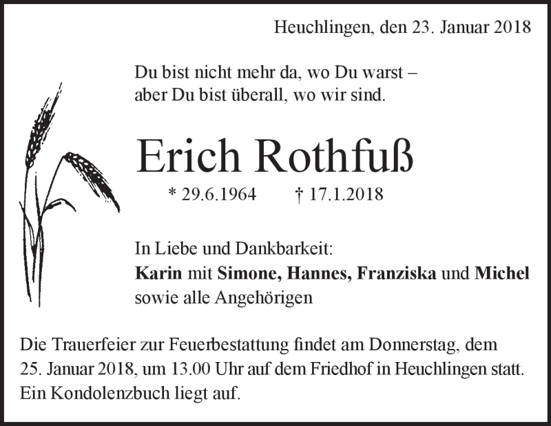  Traueranzeige für Erich Rothfuß vom 23.01.2018 aus Heidenheimer Zeitung