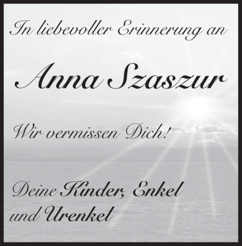 Traueranzeige für Anna Szaszur vom 12.01.2018 aus Heidenheimer Zeitung