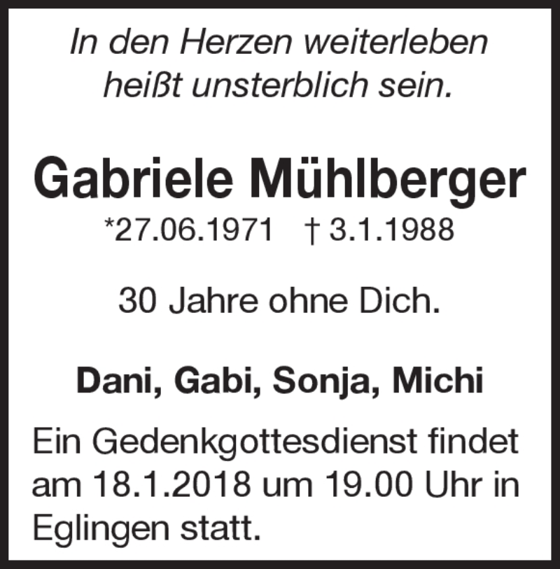  Traueranzeige für Gabriele Mühlberger vom 03.01.2018 aus Heidenheimer Zeitung