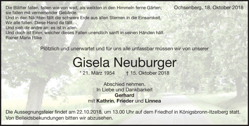  Traueranzeige für Gisela Neuburger vom 19.10.2018 aus Heidenheimer Zeitung