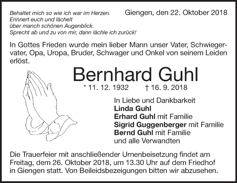  Traueranzeige für Berndhard Guhl vom 22.10.2018 aus 