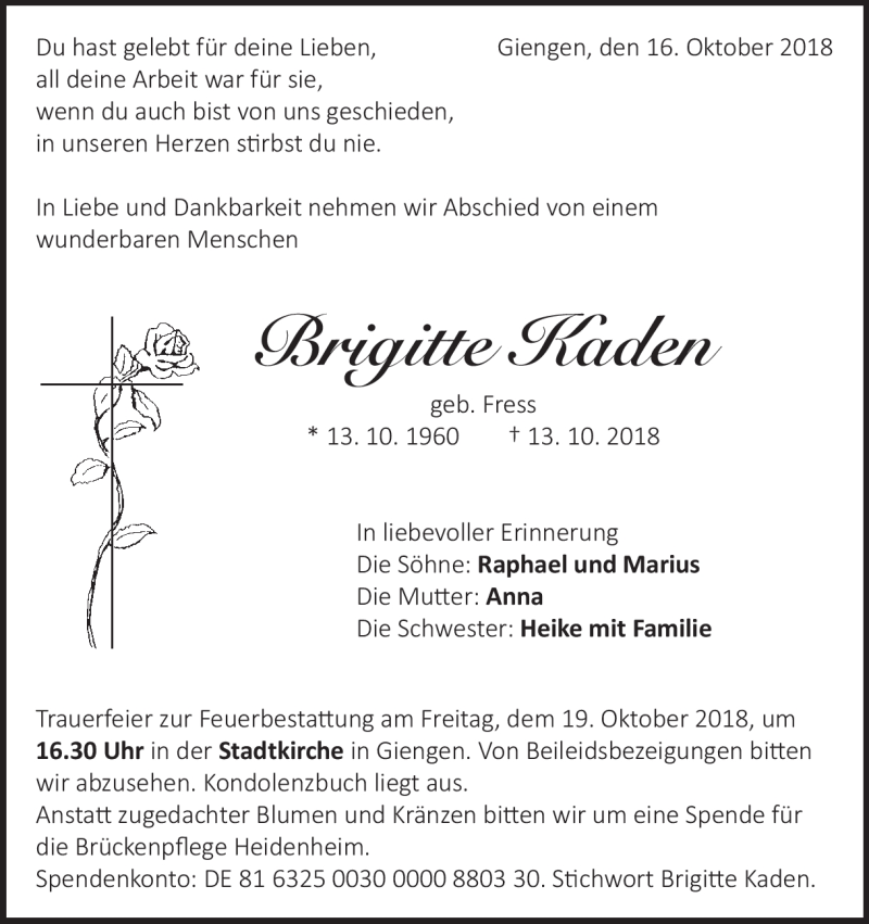  Traueranzeige für Brigitte Kaden vom 16.10.2018 aus Heidenheimer Zeitung