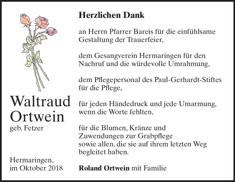 Traueranzeige für Waltraud Ortwein vom 10.10.2018 aus Heidenheimer Zeitung