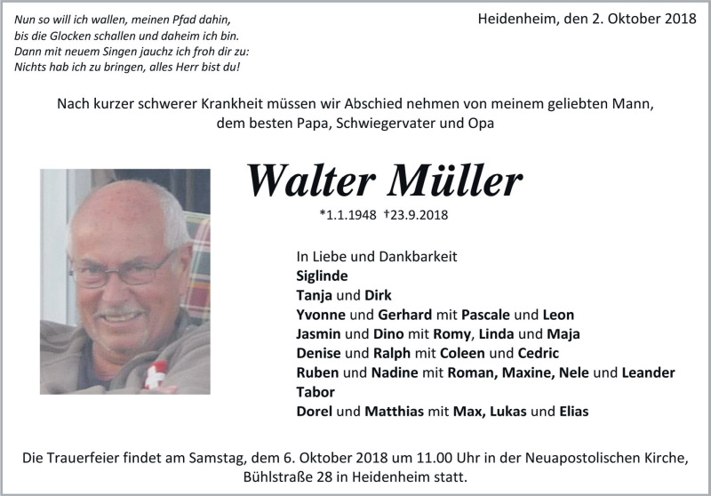  Traueranzeige für Walter Müller vom 02.10.2018 aus Heidenheimer Zeitung