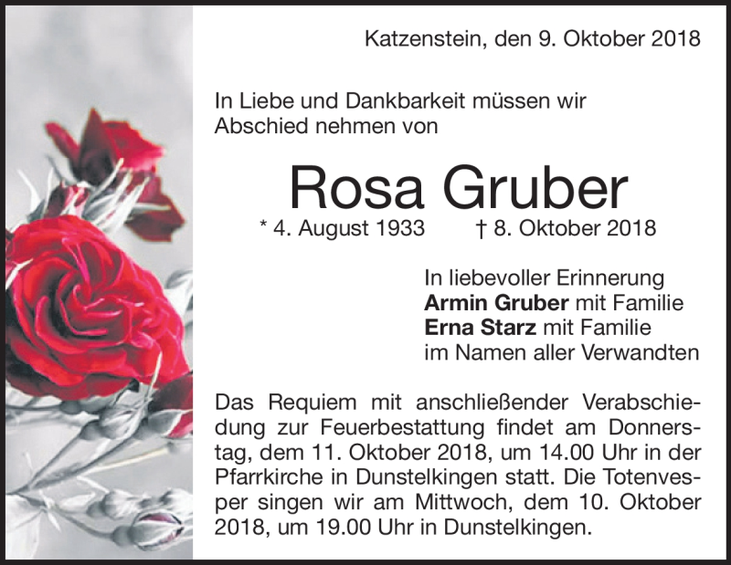  Traueranzeige für Rosa Gruber vom 09.10.2018 aus Heidenheimer Zeitung