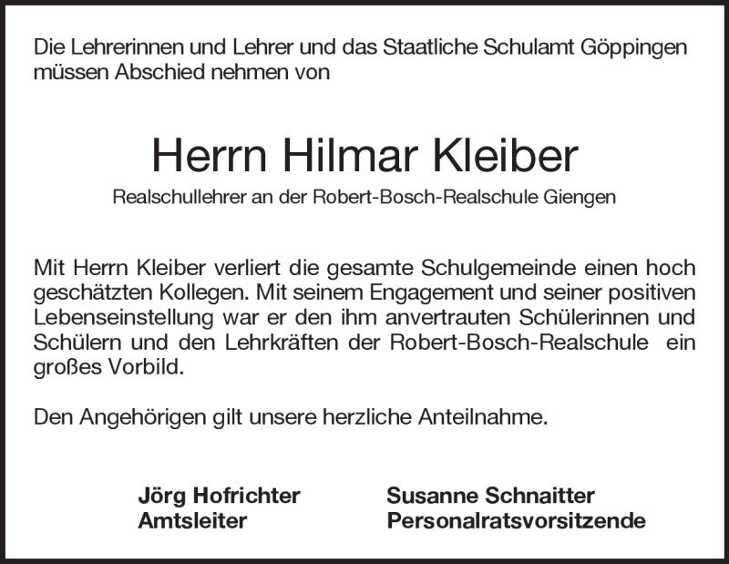  Traueranzeige für Hilmar Kleiber vom 11.10.2018 aus Heidenheimer Zeitung