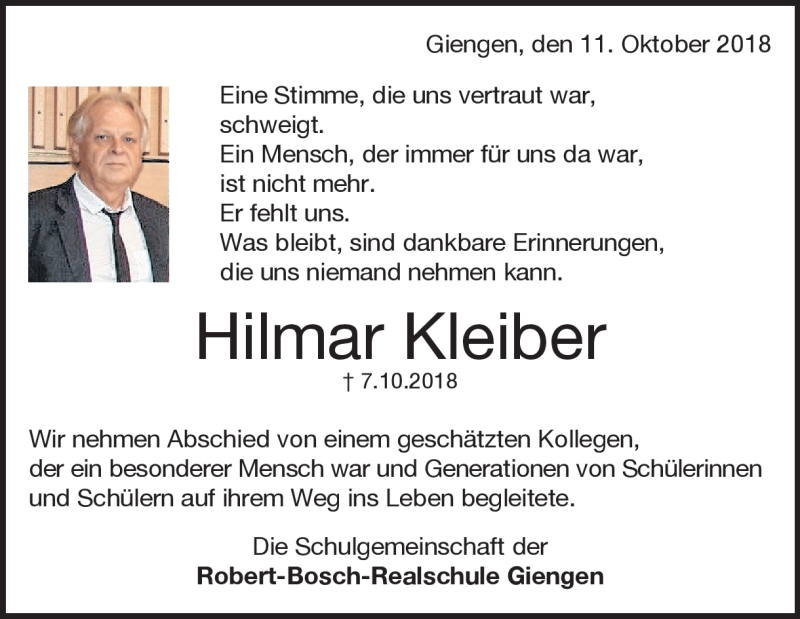  Traueranzeige für Hilmar Kleiber vom 11.10.2018 aus Heidenheimer Zeitung