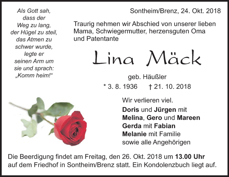  Traueranzeige für Lina Mäck vom 24.10.2018 aus Heidenheimer Zeitung