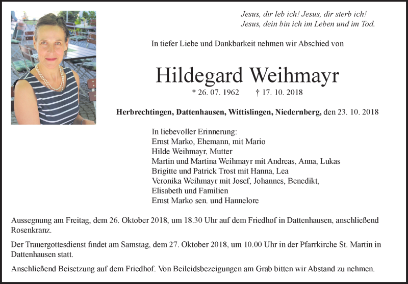  Traueranzeige für Hildegart Weihmayr vom 23.10.2018 aus Heidenheimer Zeitung