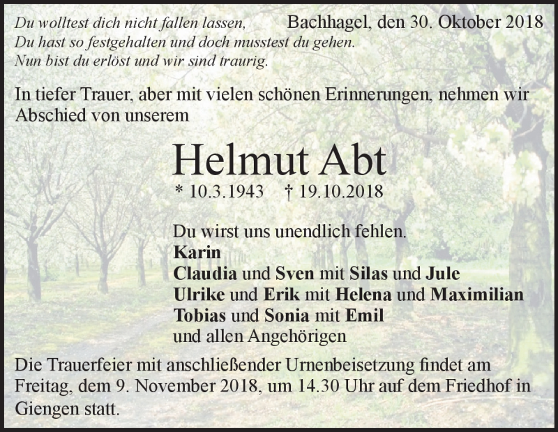  Traueranzeige für Helmut Abt vom 30.10.2018 aus Heidenheimer Zeitung