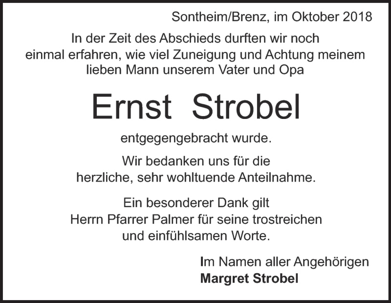  Traueranzeige für Ernst Strobel vom 18.10.2018 aus Heidenheimer Zeitung