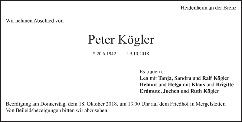  Traueranzeige für Peter Kögler vom 15.10.2018 aus Heidenheimer Zeitung