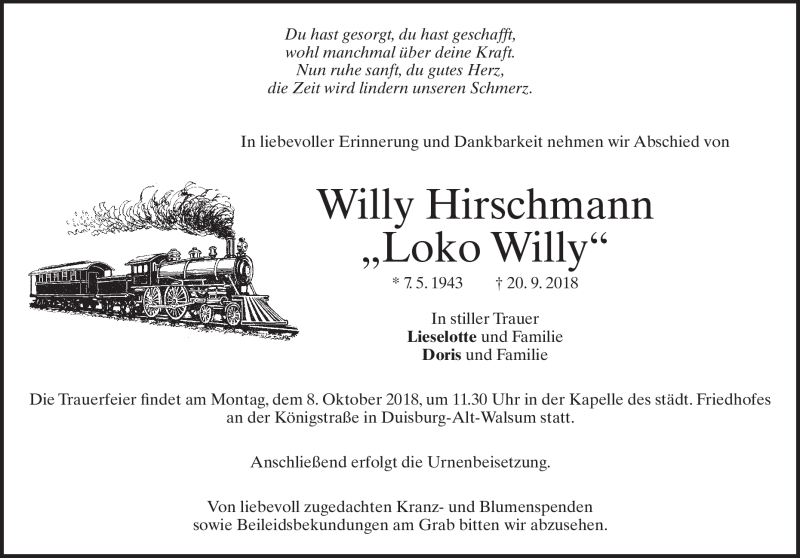  Traueranzeige für Willy Hirschmann vom 02.10.2018 aus Heidenheimer Zeitung
