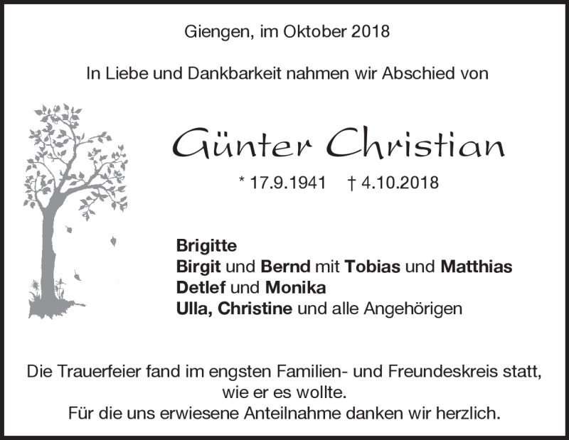  Traueranzeige für Günter Christian vom 16.10.2018 aus Heidenheimer Zeitung