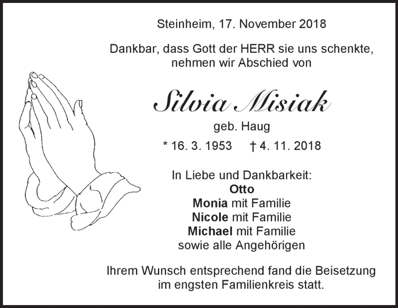  Traueranzeige für Silvia Misiak vom 17.11.2018 aus Heidenheimer Zeitung