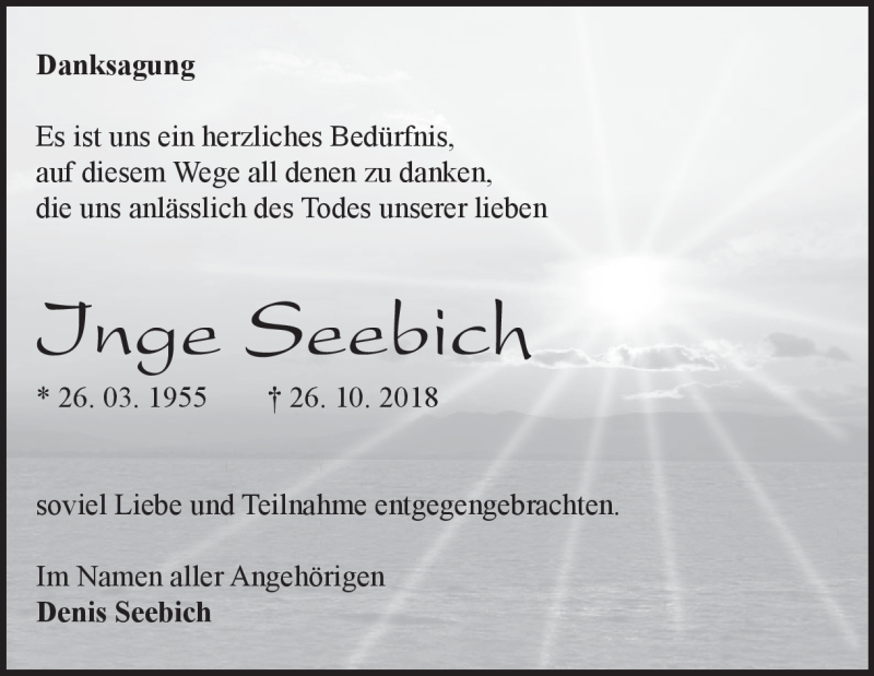  Traueranzeige für Inge Seebich vom 19.11.2018 aus Heidenheimer Zeitung