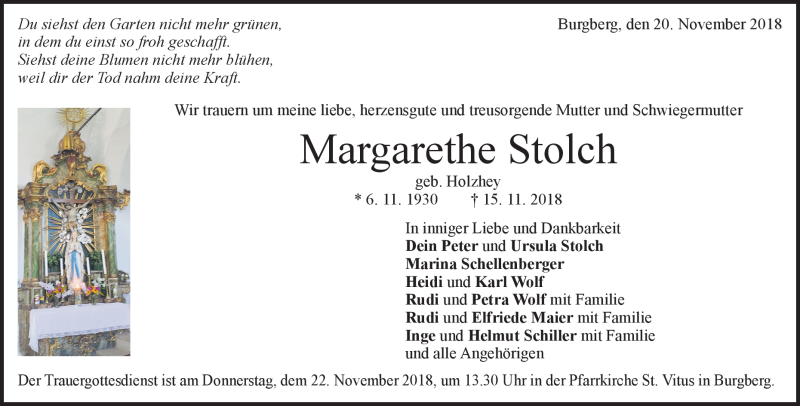  Traueranzeige für Margarethe Stolch vom 20.11.2018 aus Heidenheimer Zeitung