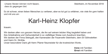 Traueranzeige von Karl-Heinz Klopfer von Heidenheimer Zeitung