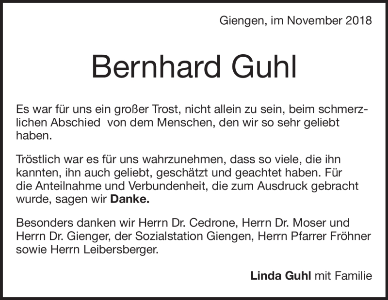  Traueranzeige für Bernhard Guhl vom 02.11.2018 aus Heidenheimer Zeitung