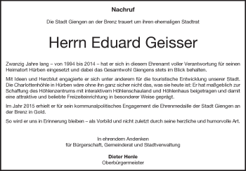 Traueranzeige von Eduard Geisser von Heidenheimer Zeitung