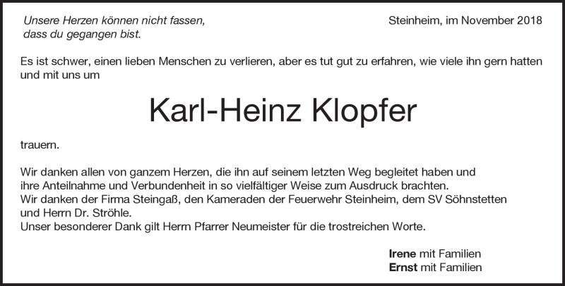  Traueranzeige für Karl-Heinz Klopfer vom 29.11.2018 aus Heidenheimer Zeitung