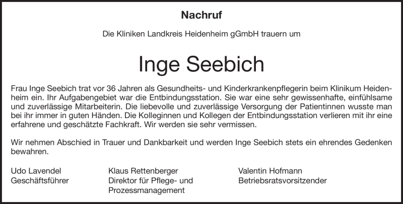  Traueranzeige für Inge Seebich vom 15.11.2018 aus Heidenheimer Zeitung