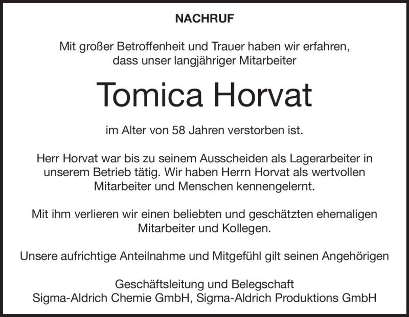  Traueranzeige für Tomica Horvat vom 14.11.2018 aus Heidenheimer Zeitung