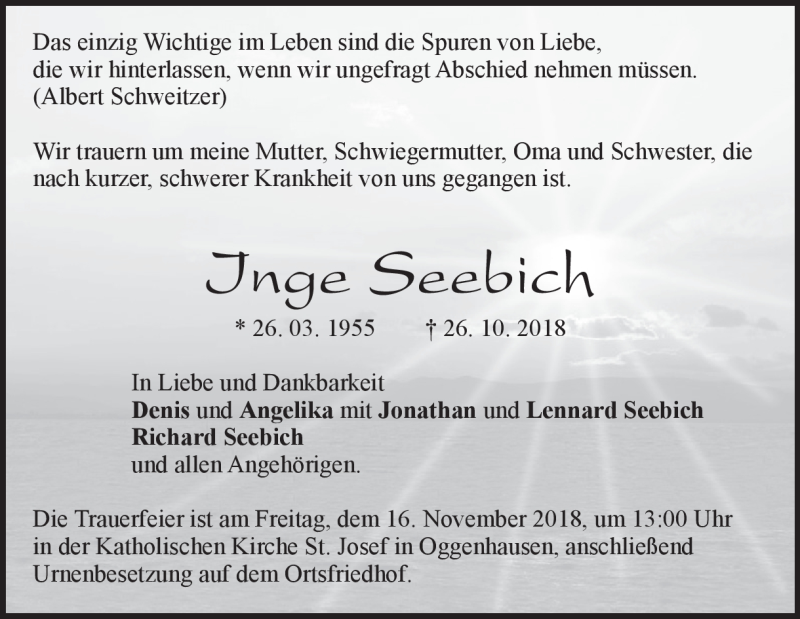  Traueranzeige für Inge Seebich vom 09.11.2018 aus Heidenheimer Zeitung