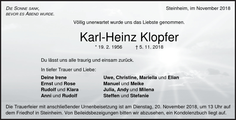  Traueranzeige für Karl-Heinz Klopfer vom 15.11.2018 aus Heidenheimer Zeitung