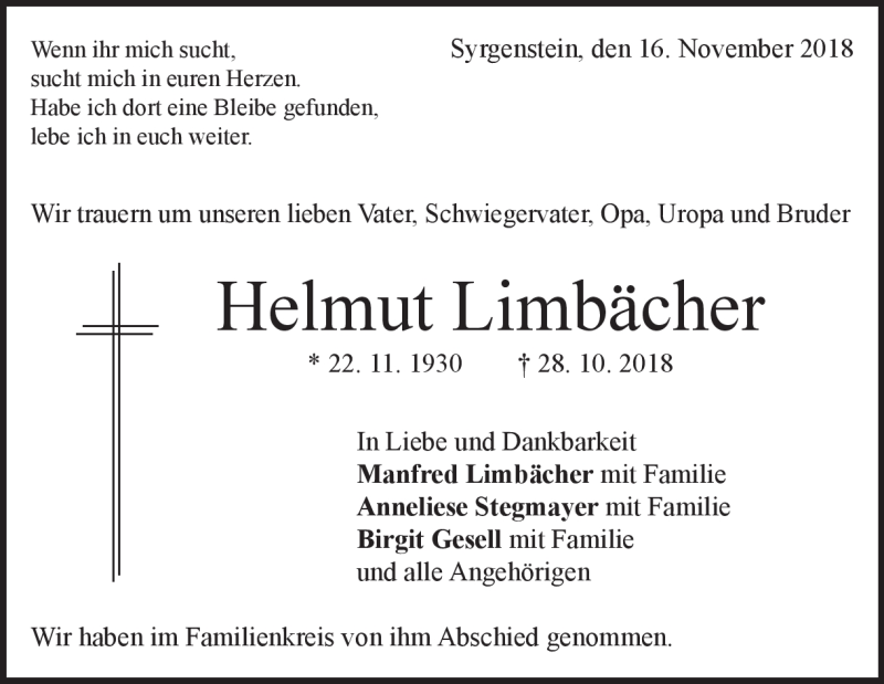  Traueranzeige für Helmut Limbächer vom 16.11.2018 aus Heidenheimer Zeitung