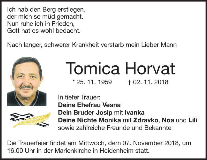  Traueranzeige für Tomica Horvat vom 06.11.2018 aus 