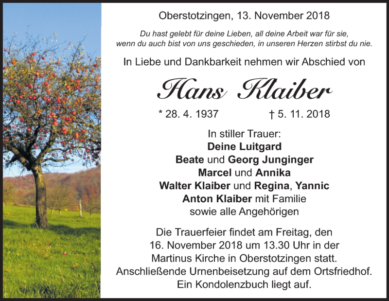  Traueranzeige für Hans Klaiber vom 13.11.2018 aus Heidenheimer Zeitung