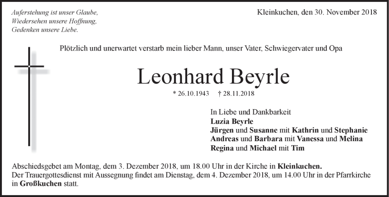  Traueranzeige für Leonhard Beyrle vom 30.11.2018 aus Heidenheimer Zeitung