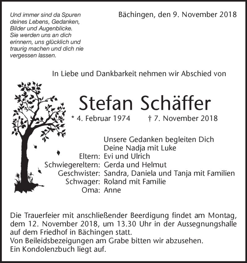  Traueranzeige für Stefan Schäffer vom 09.11.2018 aus Heidenheimer Zeitung