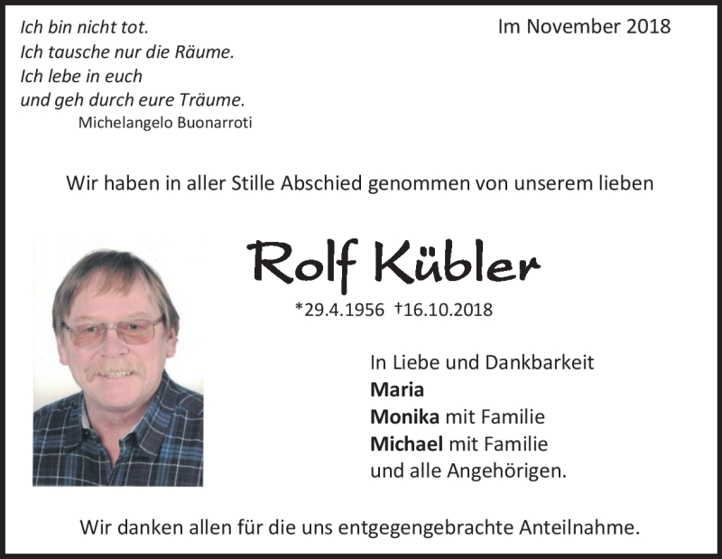  Traueranzeige für Rolf Kübler vom 05.11.2018 aus Heidenheimer Zeitung