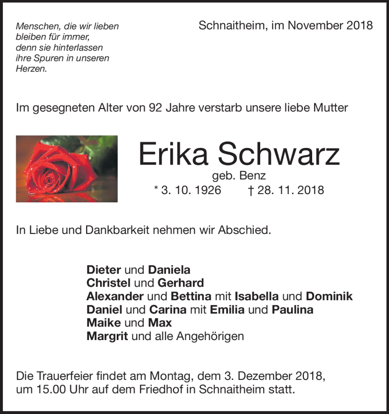  Traueranzeige für Erika Schwarz vom 30.11.2018 aus Heidenheimer Zeitung