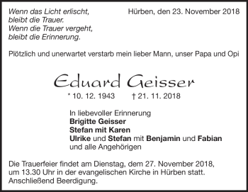 Traueranzeige von Eduard Geisser von Heidenheimer Zeitung