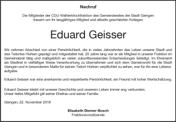 Traueranzeige von Eduard Geisser von Heidenheimer Zeitung